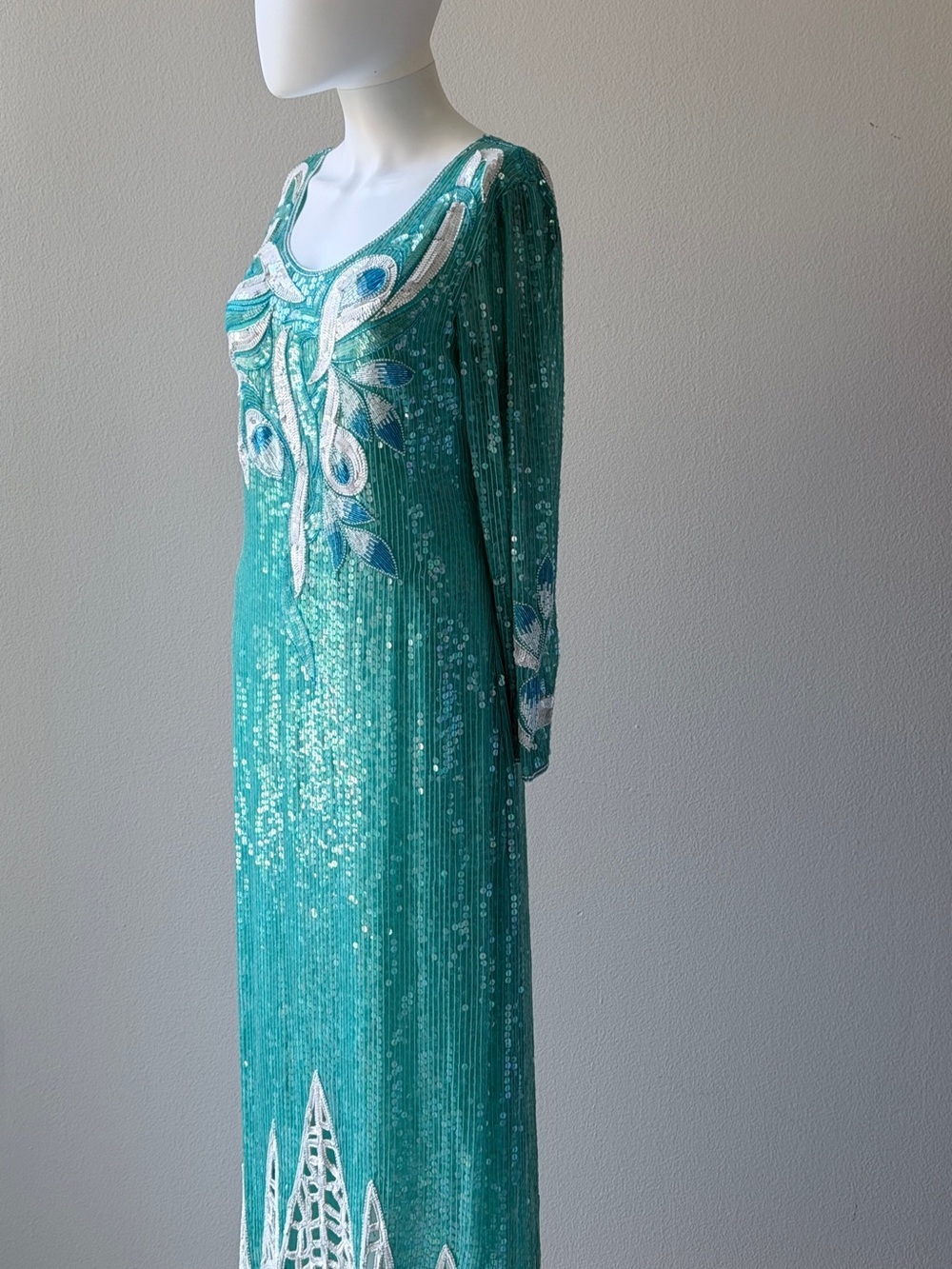 Vintage Teal Sequin Long Sleeve Beaded Gown